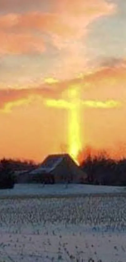 Serene sunset sky with cross-shaped light over a rural landscape.