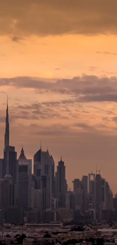 Silhouette of city skyline at sunset.