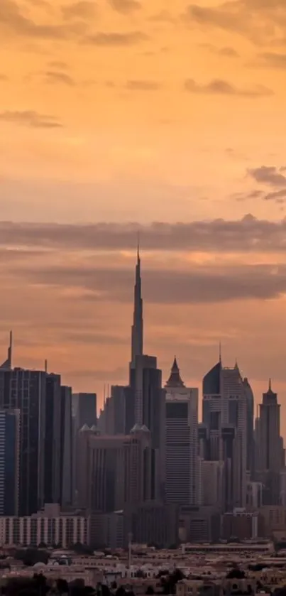 City skyline at sunset with orange sky background.