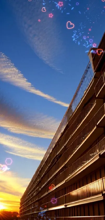 Skyscraper at sunset with dynamic clouds in vibrant city skyline.