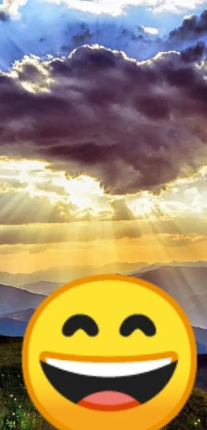 Smiling emoji over a scenic sunset sky view.