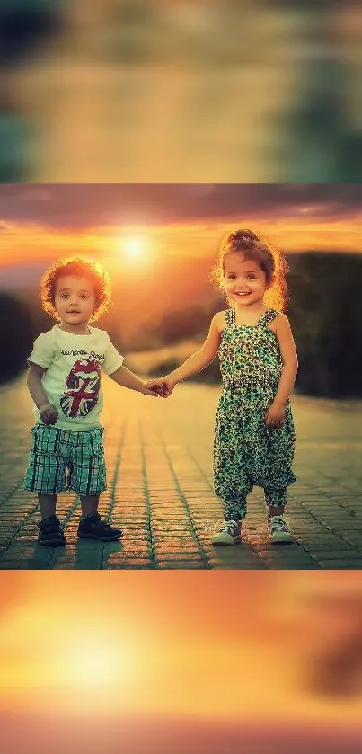 Two children holding hands at sunset, smiling warmly.