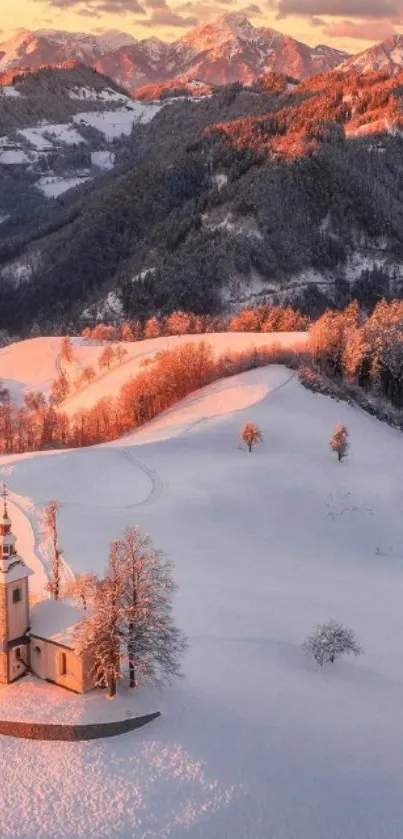 Snowy mountain landscape with sunset glow.