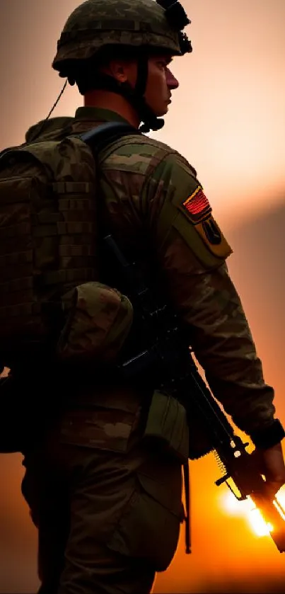 Silhouette of a soldier at sunset, creating a dramatic mobile wallpaper.