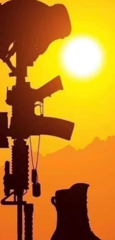 Silhouette of soldier gear against a sunset.