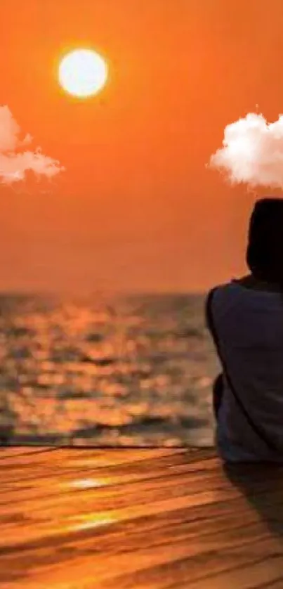 Girl sitting alone on deck during sunset over ocean.