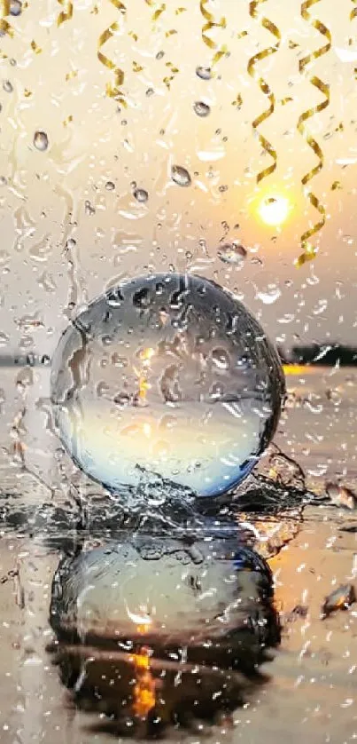 Sunset reflection in a sphere with water splashes, perfect wallpaper for mobile devices.