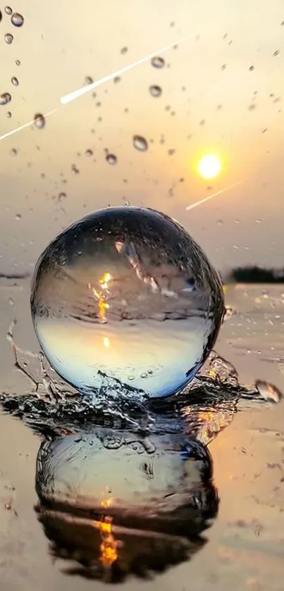 Sphere reflecting sunset over water with droplets in dynamic motion.