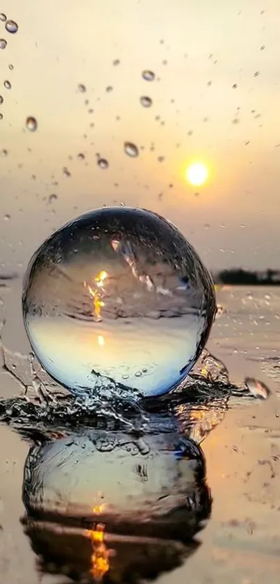 Crystal ball reflects sunset with water splash.