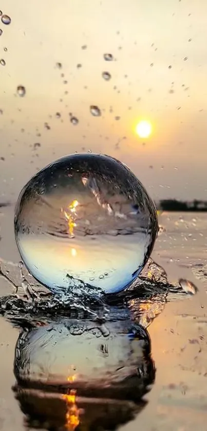 Crystal ball with sunset reflection and splashing water on a serene background.