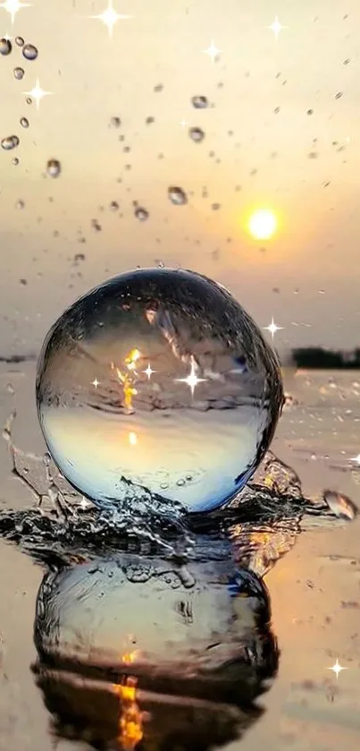 Crystal sphere splashes water at sunset, reflecting golden hues.