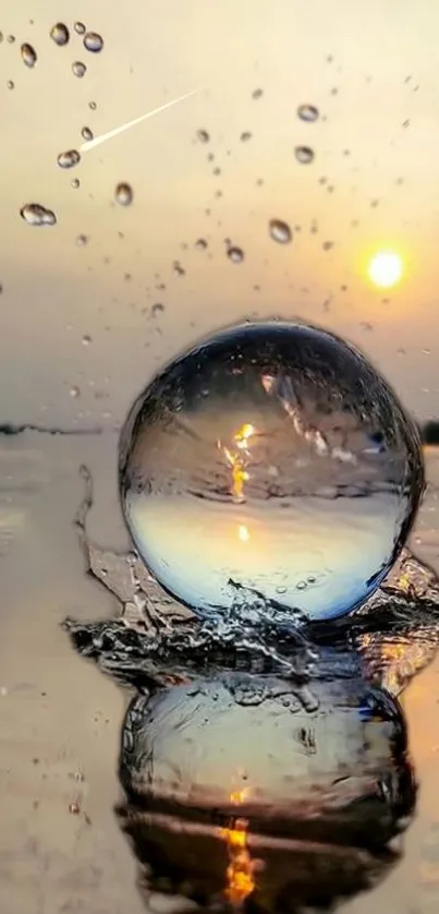 Sunset reflected in water droplet with splashes.