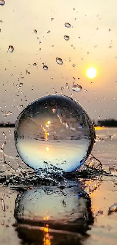 Sunset reflecting in glass orb with water splashes.