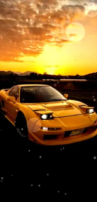 Yellow sports car under a vibrant sunset sky.