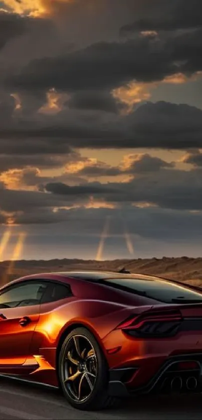 Orange sports car under a dramatic sunset sky.