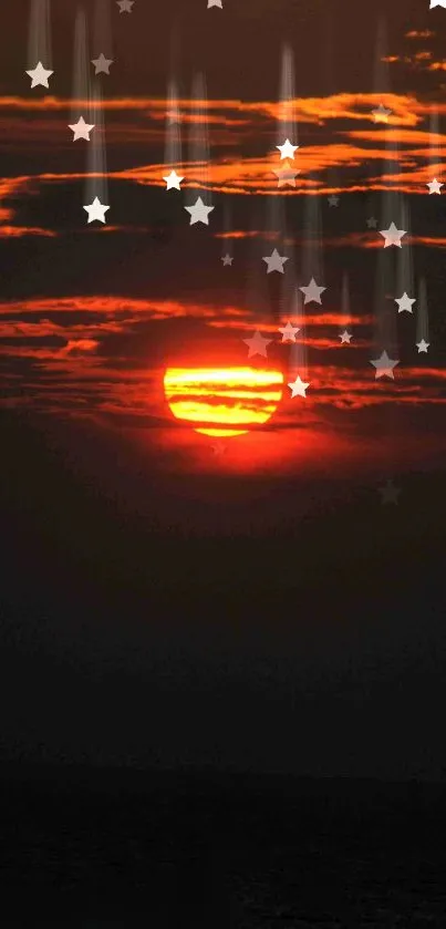 Orange sunset with star overlays in mobile wallpaper.