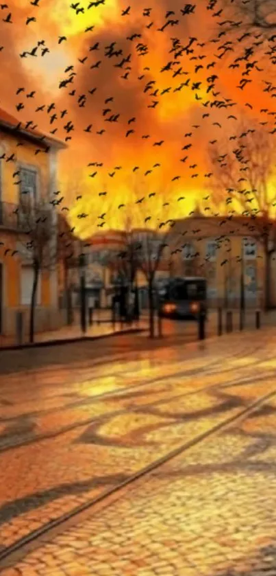 Sunset Street and Bird Flock Live Wallpaper