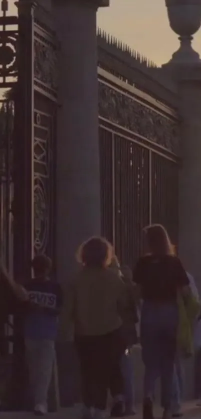 A group walking by ornate gates at sunset, creating a tranquil scene.