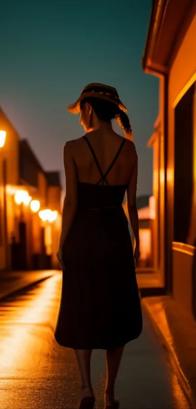 Silhouette of a woman walking on a dimly lit street at sunset with glowing lights.