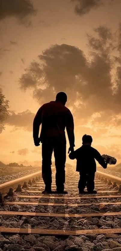 Father and child walking on railway tracks at sunset with a dramatic cloudy sky.