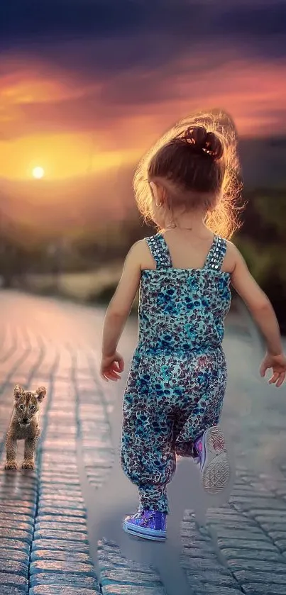 Child and kitten walking along a cobblestone path at sunset.