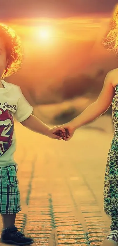 Two children walking hand in hand into the sunset.