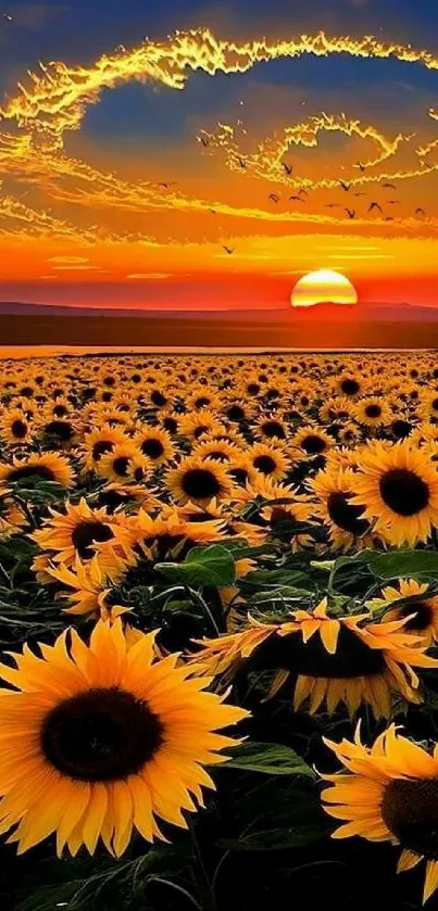 Sunflowers in sunset glow with vibrant sky, perfect mobile wallpaper.