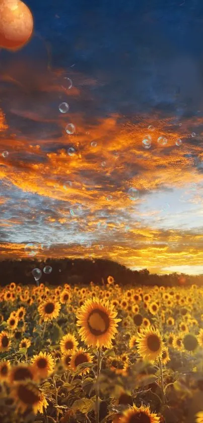 Sunset over sunflower field with bubbles under an orange sky.