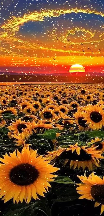 Field of sunflowers at sunset with vibrant colors and calming atmosphere.