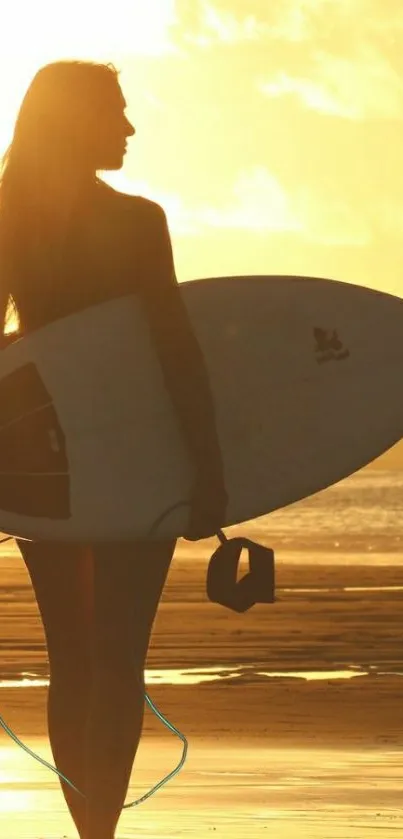 Silhouette of a surfer girl at sunset on a beach, reflecting golden hues.