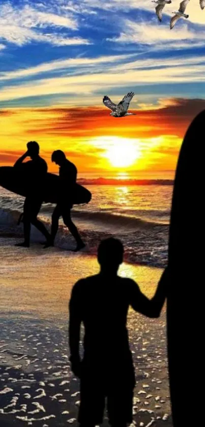 Silhouette of surfers against a vibrant orange sunset at the beach.