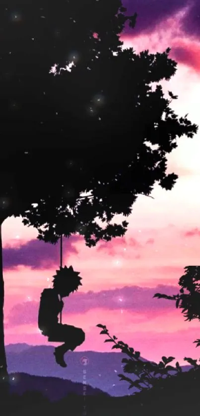 Anime silhouette of a child swinging at sunset under a tree.