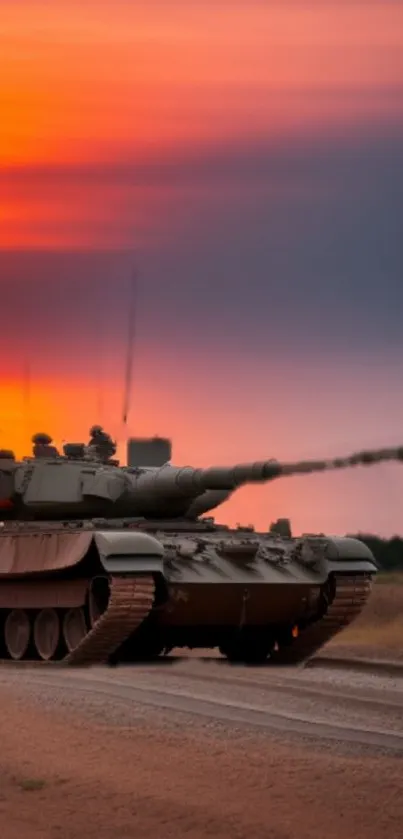 Silhouette of a tank against a vibrant sunset sky.