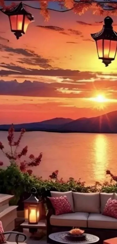 Serene sunset view from a decorated terrace.
