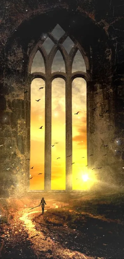 Gothic archway with sunset and birds in a serene landscape.