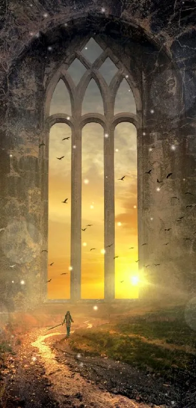 Gothic archway with sunset and birds, mobile wallpaper.