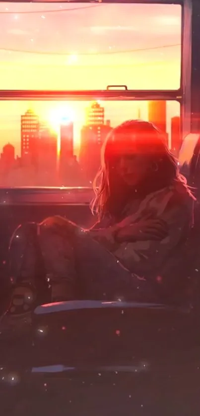 Illustration of a woman on a train at sunset with glowing city skyline.