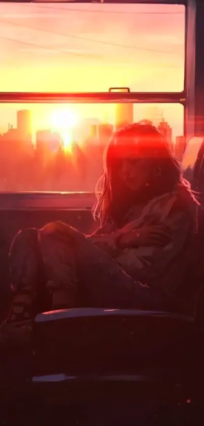 Young woman sits in train at sunset.