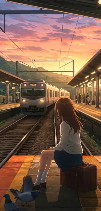 Anime girl at train station at sunset with pigeons.