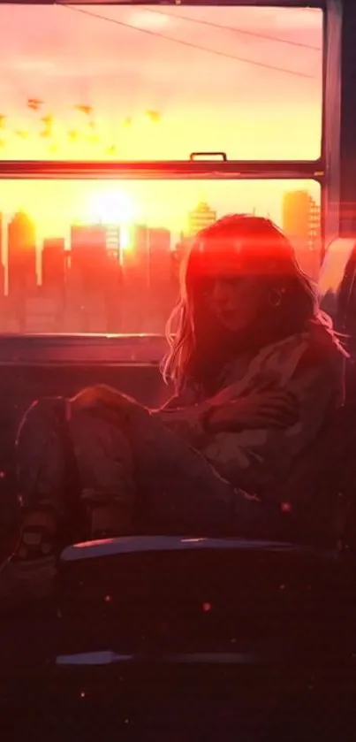 Silhouette in train with city sunset view blending orange and red hues.