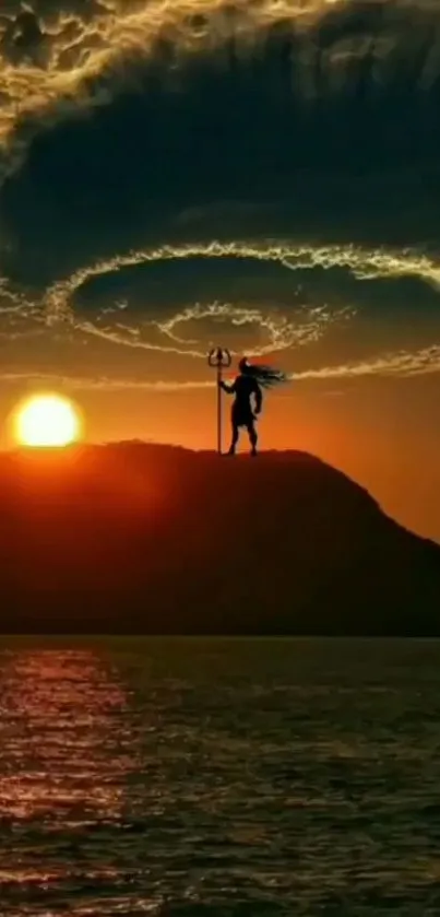 Silhouette of a figure with trident under a dramatic sunset and swirling clouds.