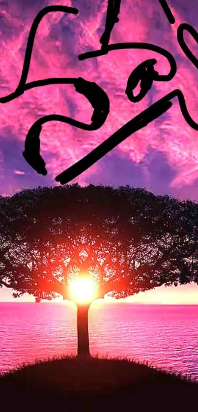 Abstract sunset tree with pink sky on phone wallpaper.