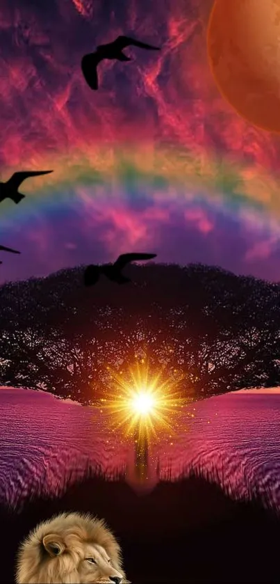 Surreal mobile wallpaper with sunset, tree, and flying birds.