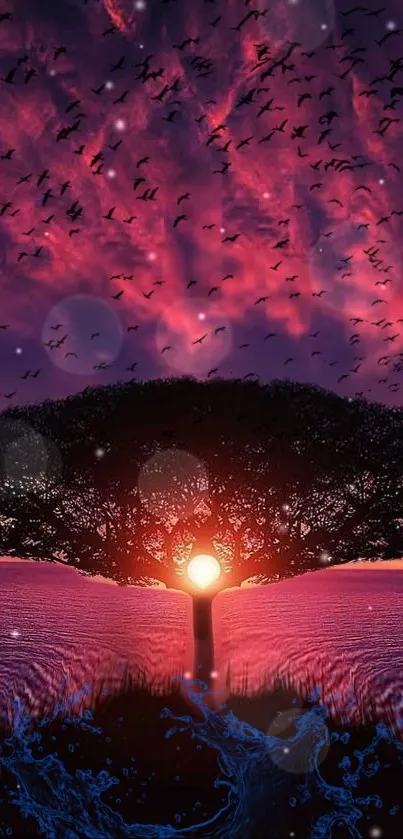 Silhouette of a tree with sunset sky and birds.