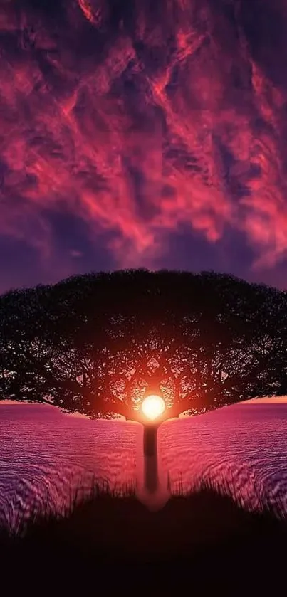 Tree silhouette against a vibrant purple and pink sunset sky, creating a serene landscape.