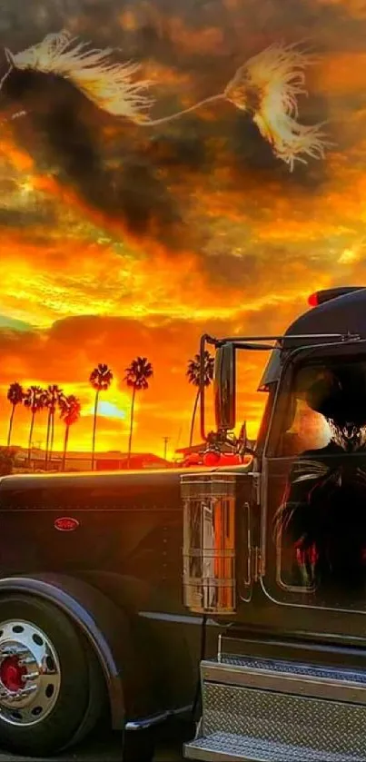 Truck and dog under a vibrant sunset sky, perfect for mobile wallpaper.