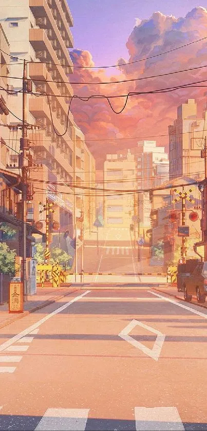 Anime street view at sunset with pastel and urban details.