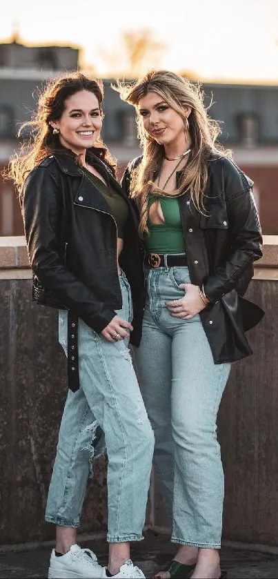 Two women on a rooftop at sunset, exuding urban style.