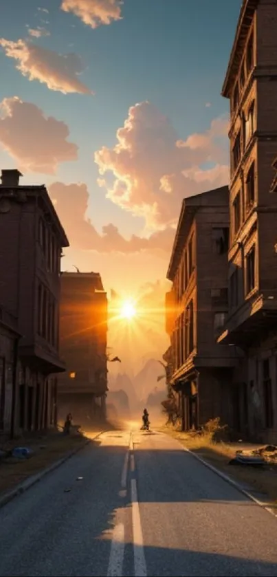 Sunset over a deserted urban street scene with glowing sky and buildings.