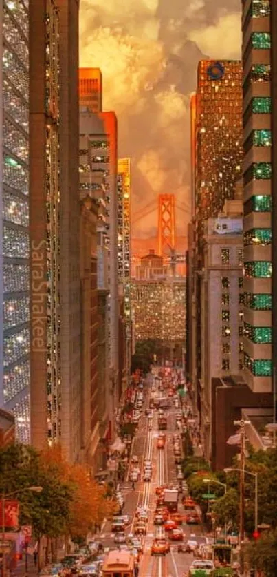 Urban street view at sunset with bright skies and vibrant skyscrapers.